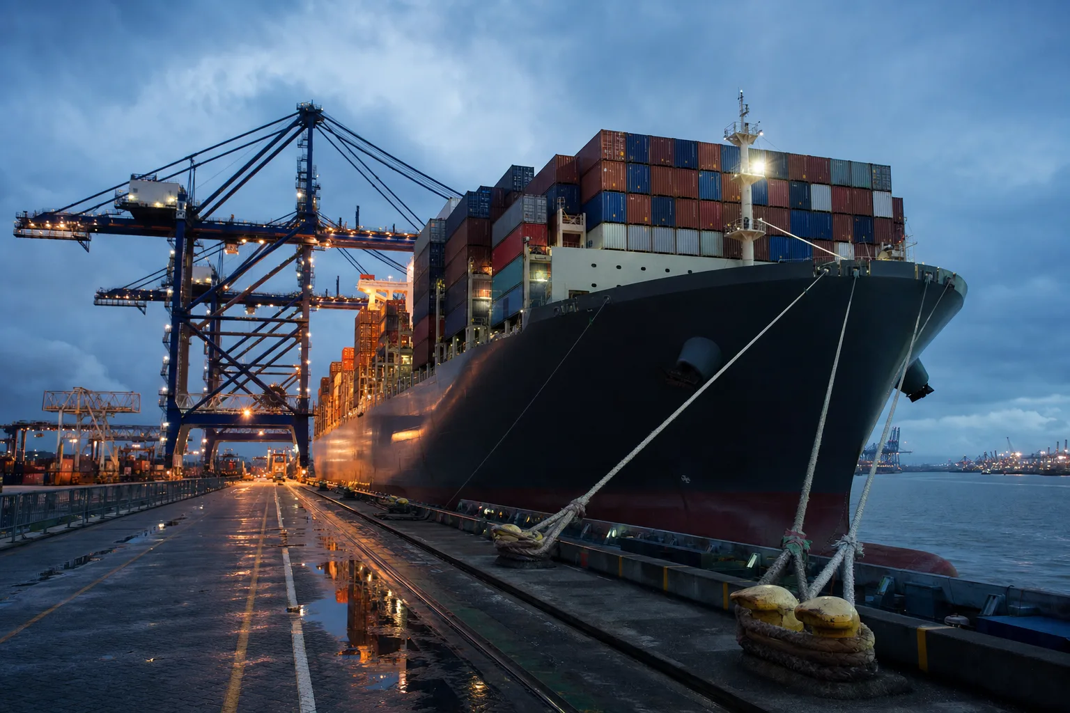 A large cargo ship alongside a working container quay at dusk