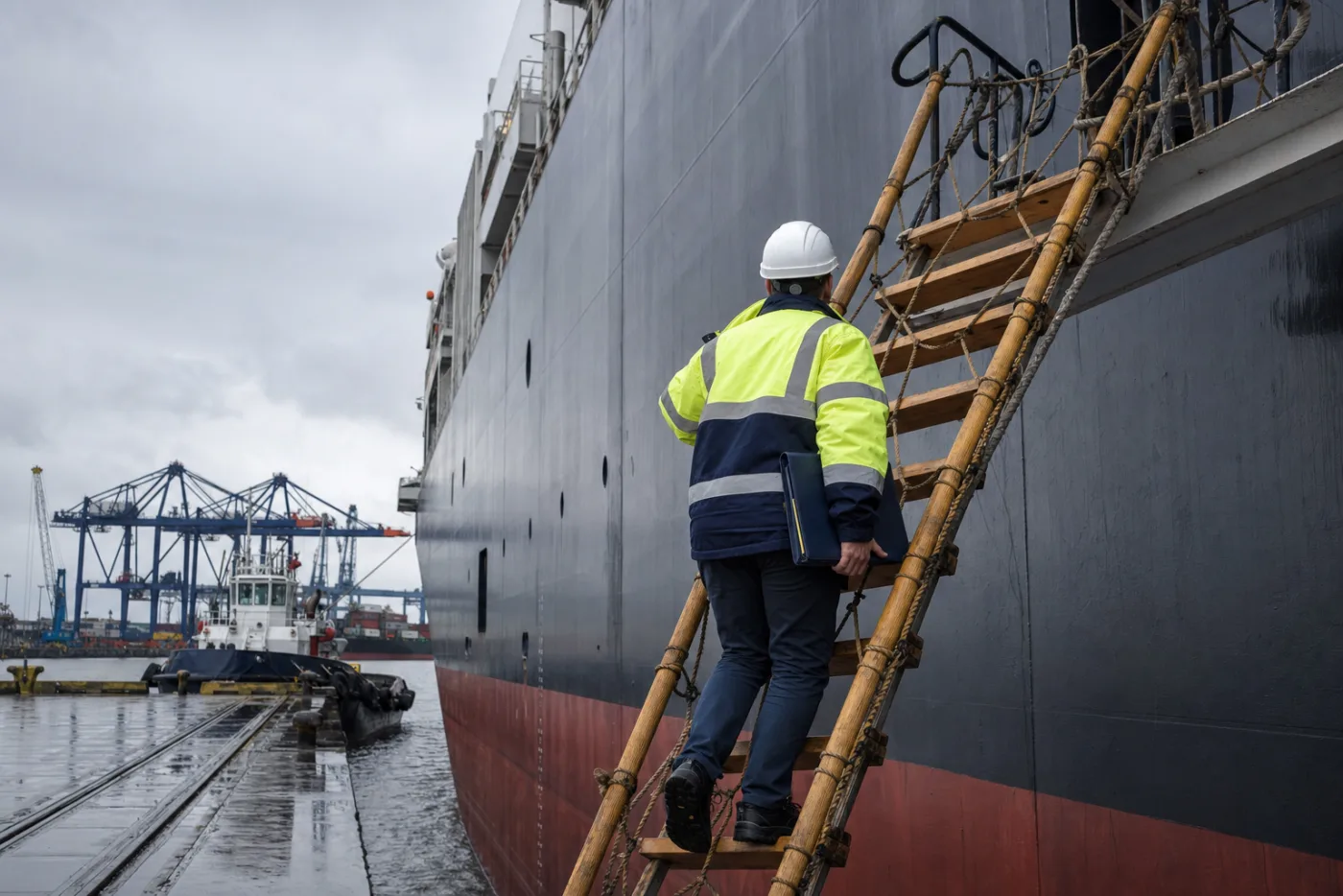 A port agent boarding a cargo ship alongside a working quay